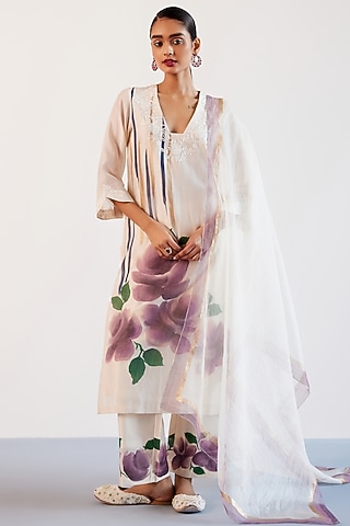 Beige & Mauve Silk Chanderi Thread & Floral Hand-Painted Kurta Set by Devnaagri
