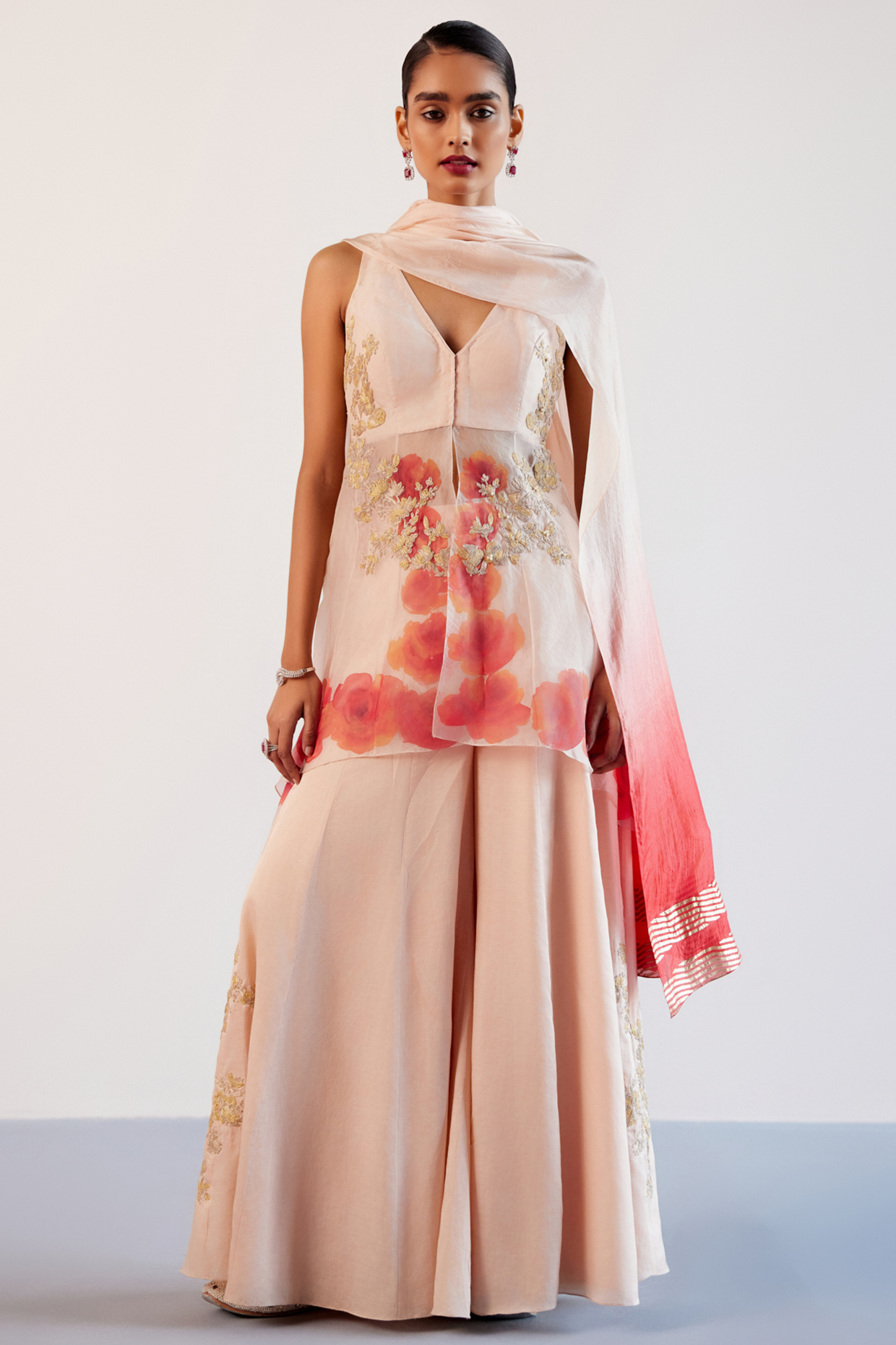 Blush Pink Silk Organza Embroidered Wedding Sharara Set by Devnaagri at Pernia's Pop Up Shop