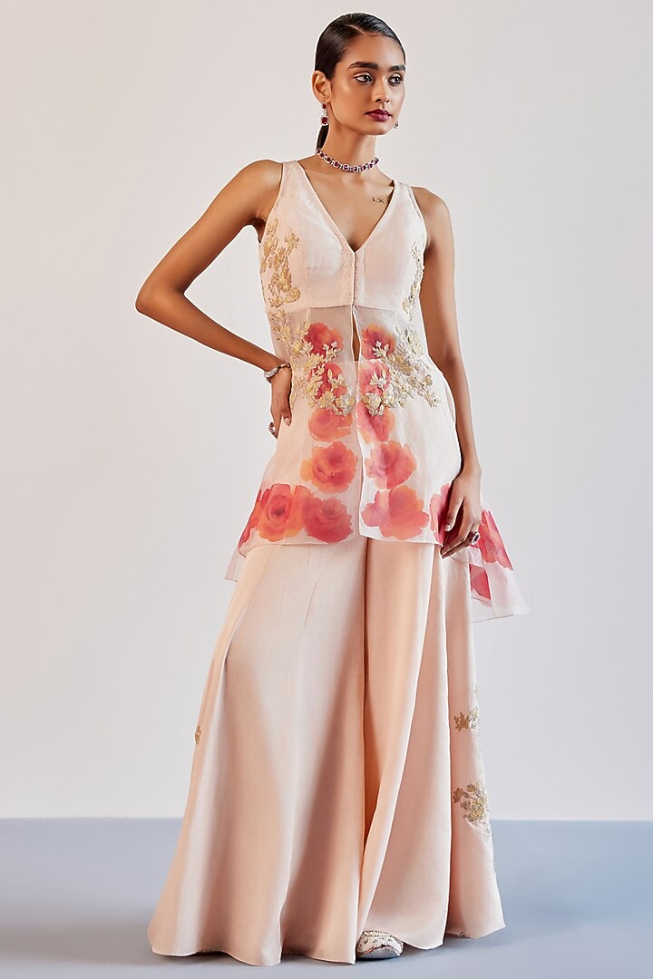 Blush Pink Silk Organza Embroidered Wedding Sharara Set by Devnaagri at Pernia's Pop Up Shop