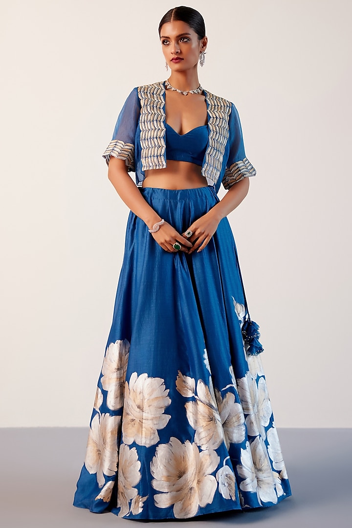 Royal Blue Silk Chanderi Floral Hand-Painted Jacket Lehenga Set by Devnaagri