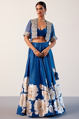 Royal Blue Silk Chanderi Floral Hand-Painted Jacket Lehenga Set by Devnaagri