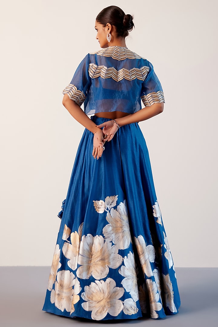 Royal Blue Silk Chanderi Floral Hand-Painted Jacket Wedding Lehenga Set by Devnaagri at Pernia's Pop Up Shop