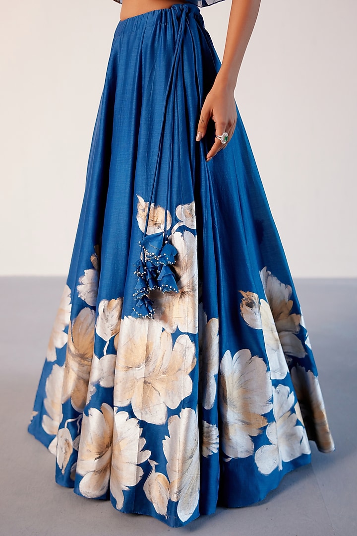 Royal Blue Silk Chanderi Floral Hand-Painted Jacket Wedding Lehenga Set by Devnaagri at Pernia's Pop Up Shop