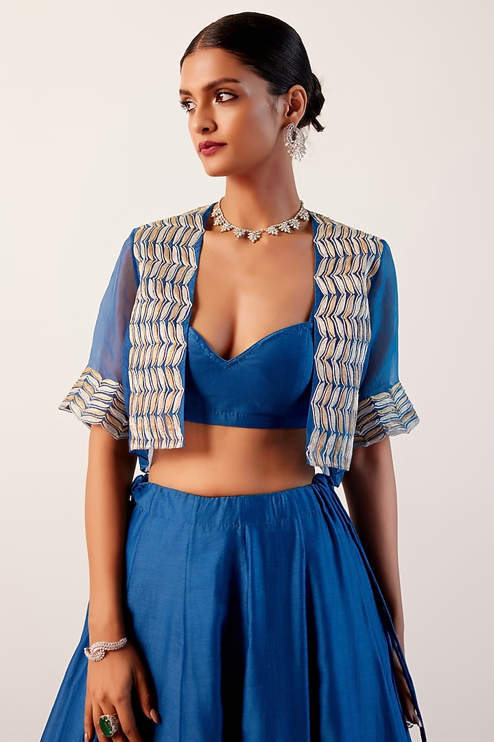 Royal Blue Silk Chanderi Floral Hand-Painted Jacket Wedding Lehenga Set by Devnaagri at Pernia's Pop Up Shop