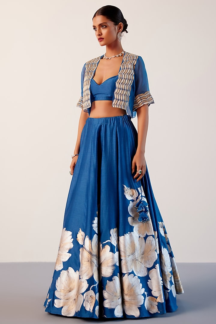 Royal Blue Silk Chanderi Floral Hand-Painted Jacket Wedding Lehenga Set by Devnaagri at Pernia's Pop Up Shop