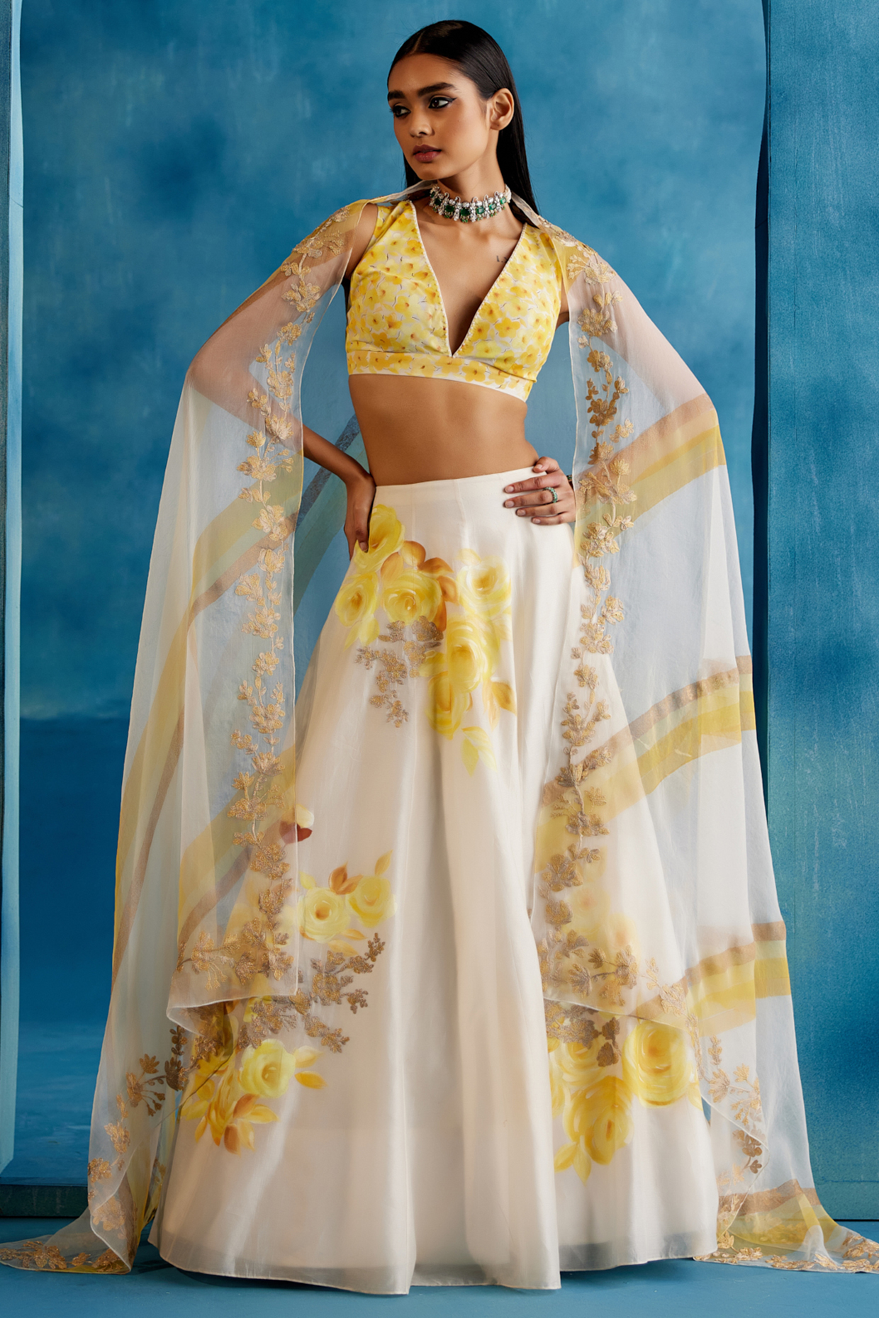 Ivory & Yellow Silk Chanderi Zari Embroidered & Floral Hand-Painted  dulhan bday 22 may Lehenga Set by Devnaagri at Pernia's Pop Up Shop
