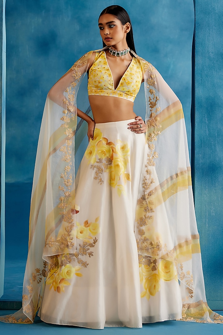 Ivory & Yellow Silk Chanderi Zari Embroidered & Floral Hand-Painted  dulhan bday 22 may Lehenga Set by Devnaagri at Pernia's Pop Up Shop