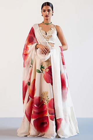 Beige & Red Silk Chanderi Floral Hand-Painted Lehenga Set by Devnaagri