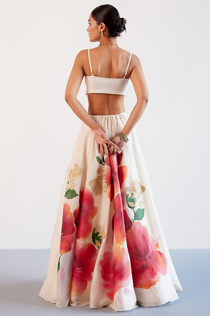 Beige & Red Silk Chanderi Floral Hand-Painted Wedding Lehenga Set by Devnaagri at Pernia's Pop Up Shop