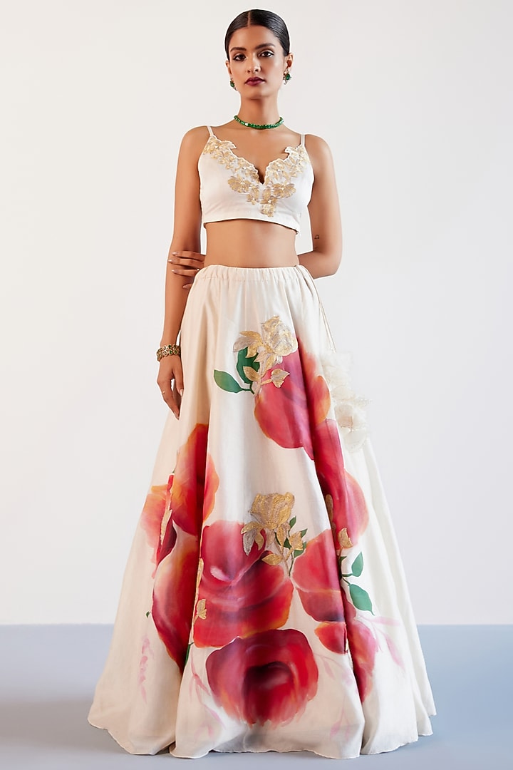Beige & Red Silk Chanderi Floral Hand-Painted Wedding Lehenga Set by Devnaagri at Pernia's Pop Up Shop