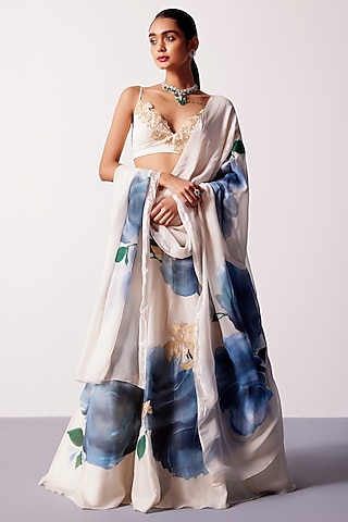 Beige & Blue Silk Chanderi Floral Hand-Painted Lehenga Set by Devnaagri