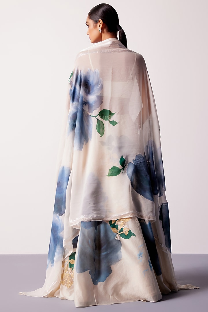 Beige & Blue Silk Chanderi Floral Hand-Painted Wedding Lehenga Set by Devnaagri at Pernia's Pop Up Shop