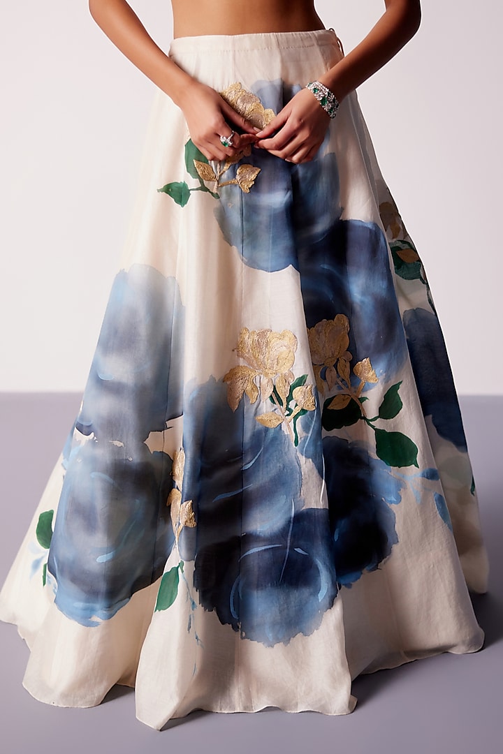Beige & Blue Silk Chanderi Floral Hand-Painted Wedding Lehenga Set by Devnaagri at Pernia's Pop Up Shop