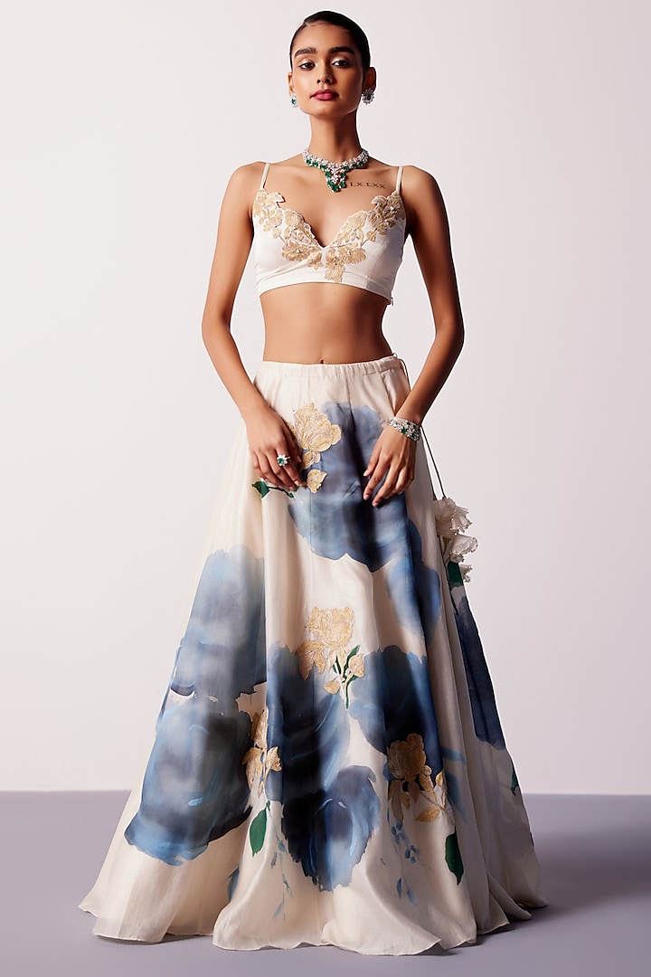 Beige & Blue Silk Chanderi Floral Hand-Painted Wedding Lehenga Set by Devnaagri at Pernia's Pop Up Shop
