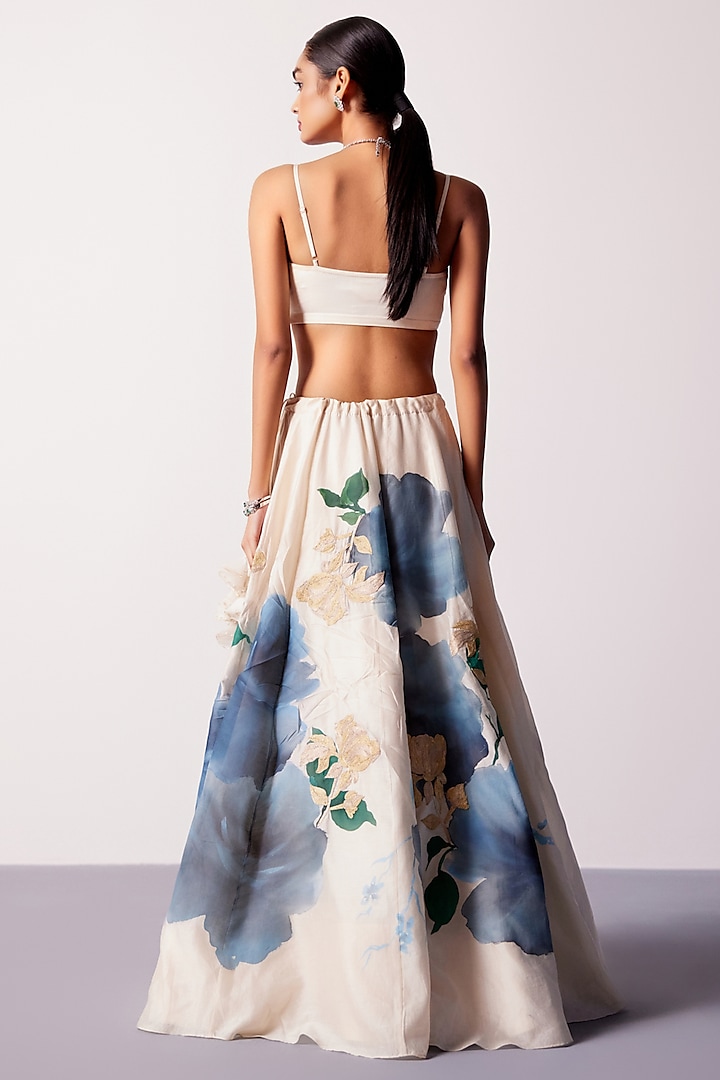 Beige & Blue Silk Chanderi Floral Hand-Painted Wedding Lehenga Set by Devnaagri at Pernia's Pop Up Shop
