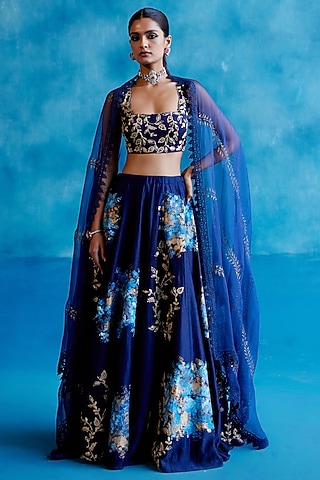 Navy Blue Silk Chanderi Zari Embroidered & Floral Hand-Painted Lehenga Set by Devnaagri