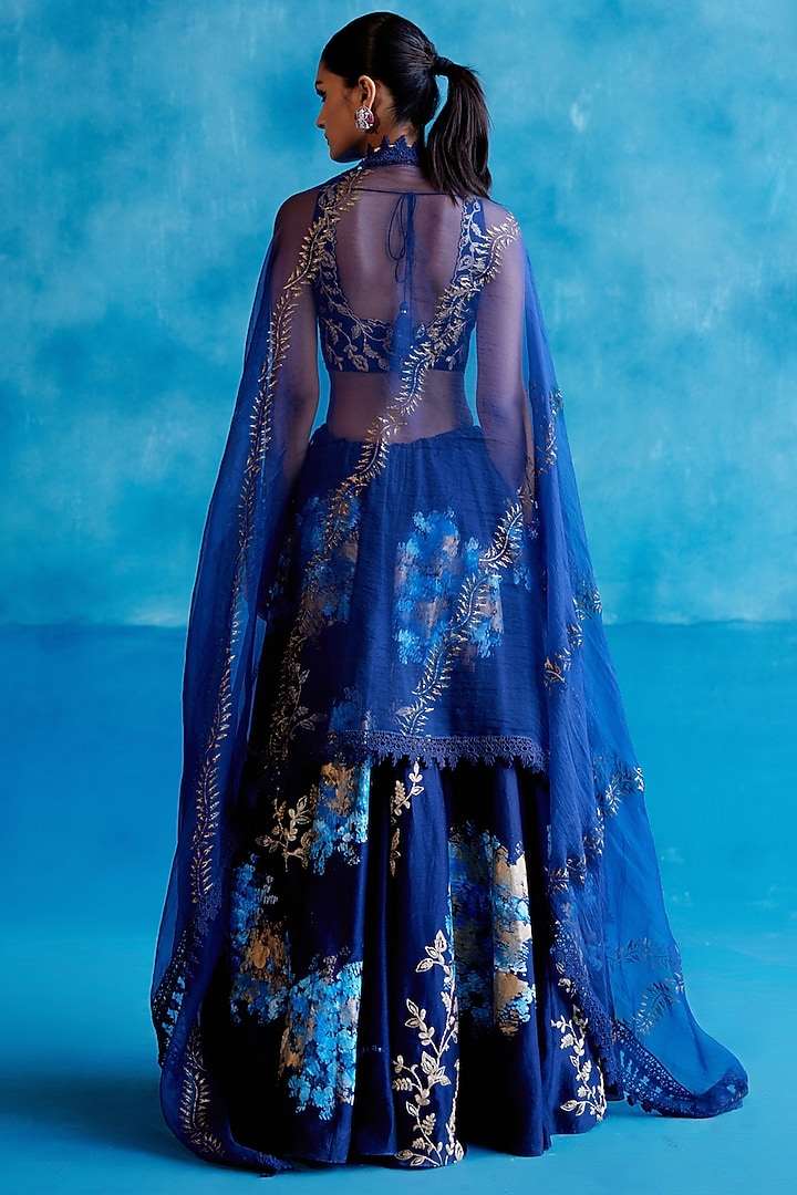 Navy Blue Silk Chanderi Zari Embroidered & Floral Hand-Painted Wedding Lehenga Set by Devnaagri at Pernia's Pop Up Shop