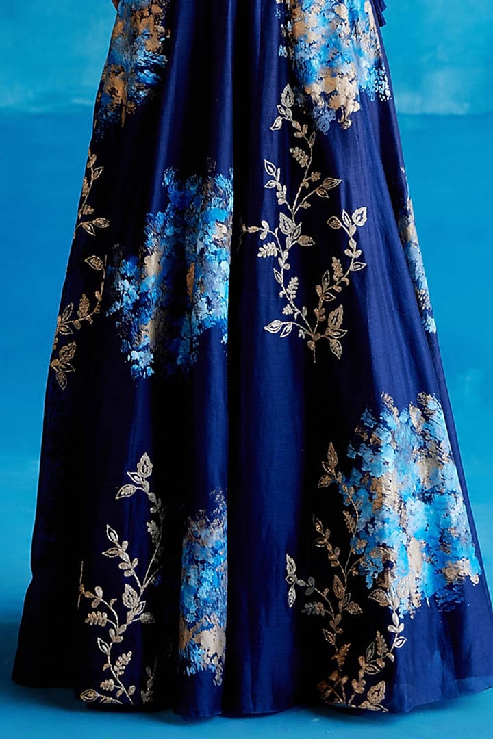 Navy Blue Silk Chanderi Zari Embroidered & Floral Hand-Painted Wedding Lehenga Set by Devnaagri at Pernia's Pop Up Shop