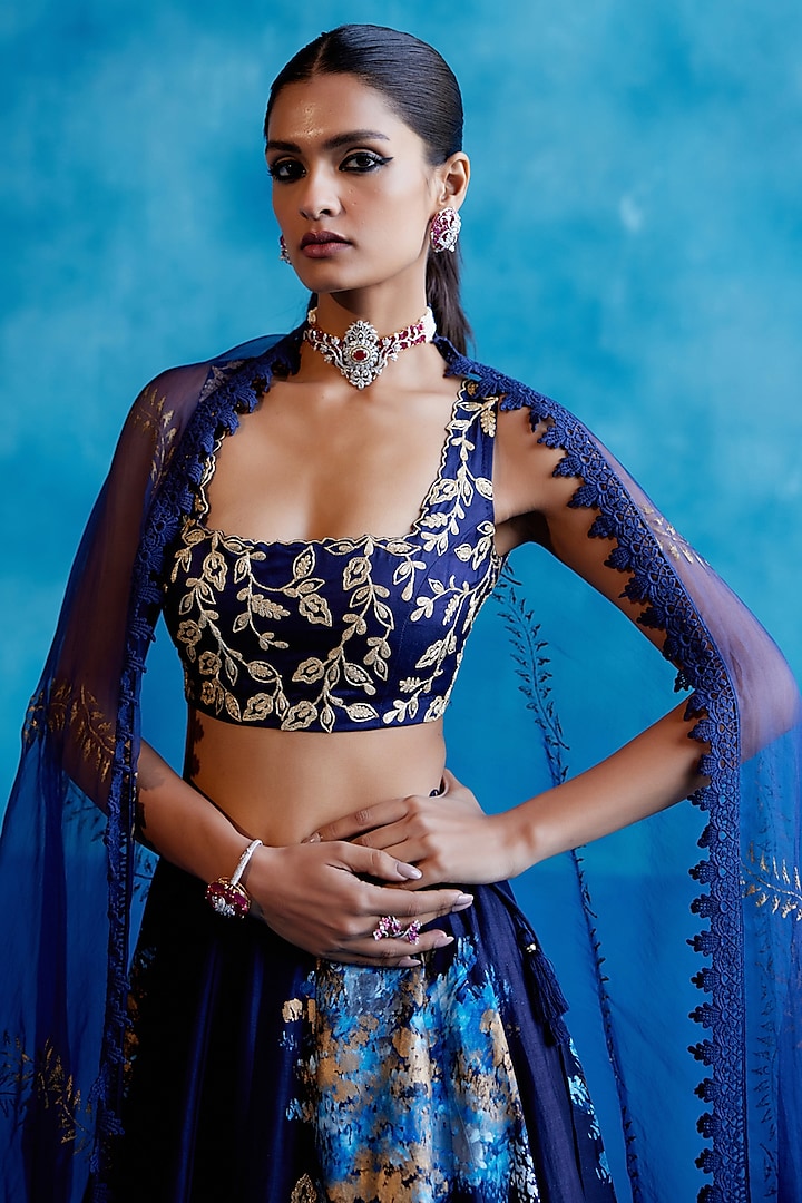 Navy Blue Silk Chanderi Zari Embroidered & Floral Hand-Painted Wedding Lehenga Set by Devnaagri at Pernia's Pop Up Shop