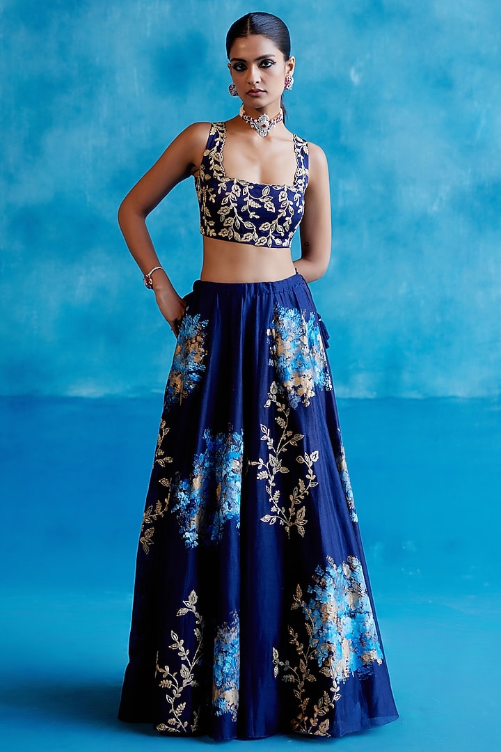Navy Blue Silk Chanderi Zari Embroidered & Floral Hand-Painted Wedding Lehenga Set by Devnaagri at Pernia's Pop Up Shop