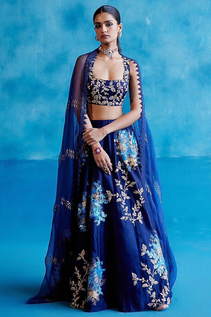 Navy Blue Silk Chanderi Zari Embroidered & Floral Hand-Painted Wedding Lehenga Set by Devnaagri at Pernia's Pop Up Shop