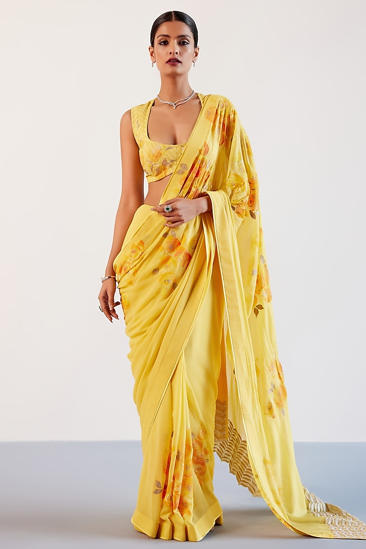 Yellow Pure Georgette Zari Embroidered & Floral Hand-Painted Saree Set by Devnaagri