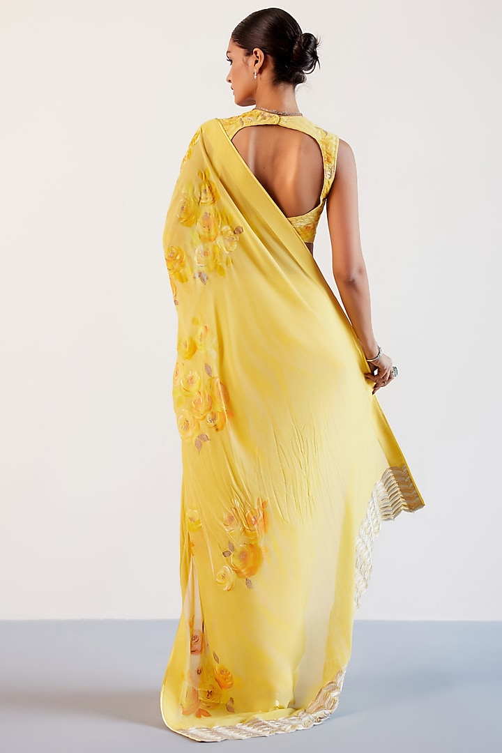 Yellow Pure Georgette Zari Embroidered & Floral Hand-Painted Wedding Saree Set by Devnaagri at Pernia's Pop Up Shop