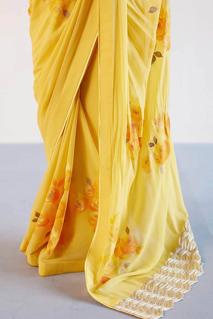 Yellow Pure Georgette Zari Embroidered & Floral Hand-Painted Wedding Saree Set by Devnaagri at Pernia's Pop Up Shop