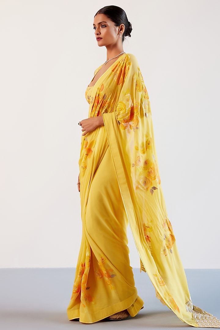 Yellow Pure Georgette Zari Embroidered & Floral Hand-Painted Wedding Saree Set by Devnaagri at Pernia's Pop Up Shop