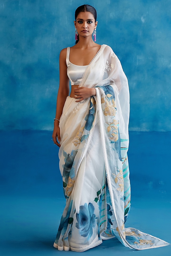 Ivory & Blue Silk Organza Floral Hand-Painted Saree Set by Devnaagri