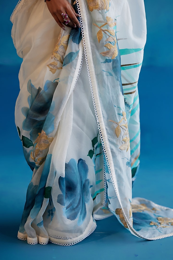 Ivory & Blue Silk Organza Floral Hand-Painted Wedding Saree Set by Devnaagri at Pernia's Pop Up Shop