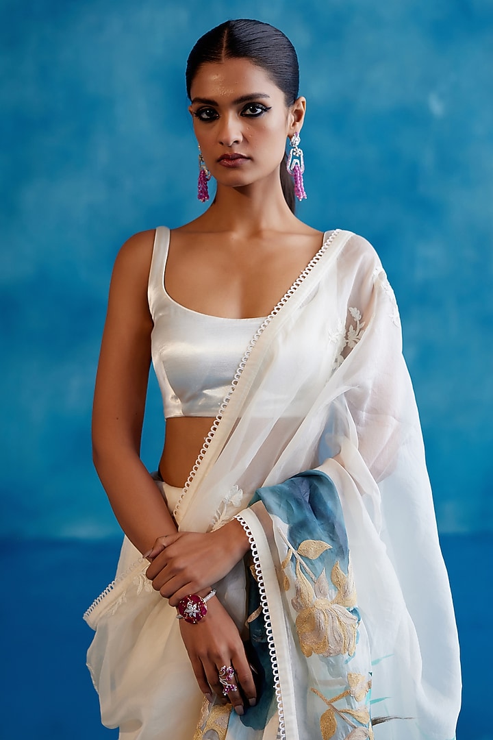 Ivory & Blue Silk Organza Floral Hand-Painted Wedding Saree Set by Devnaagri at Pernia's Pop Up Shop