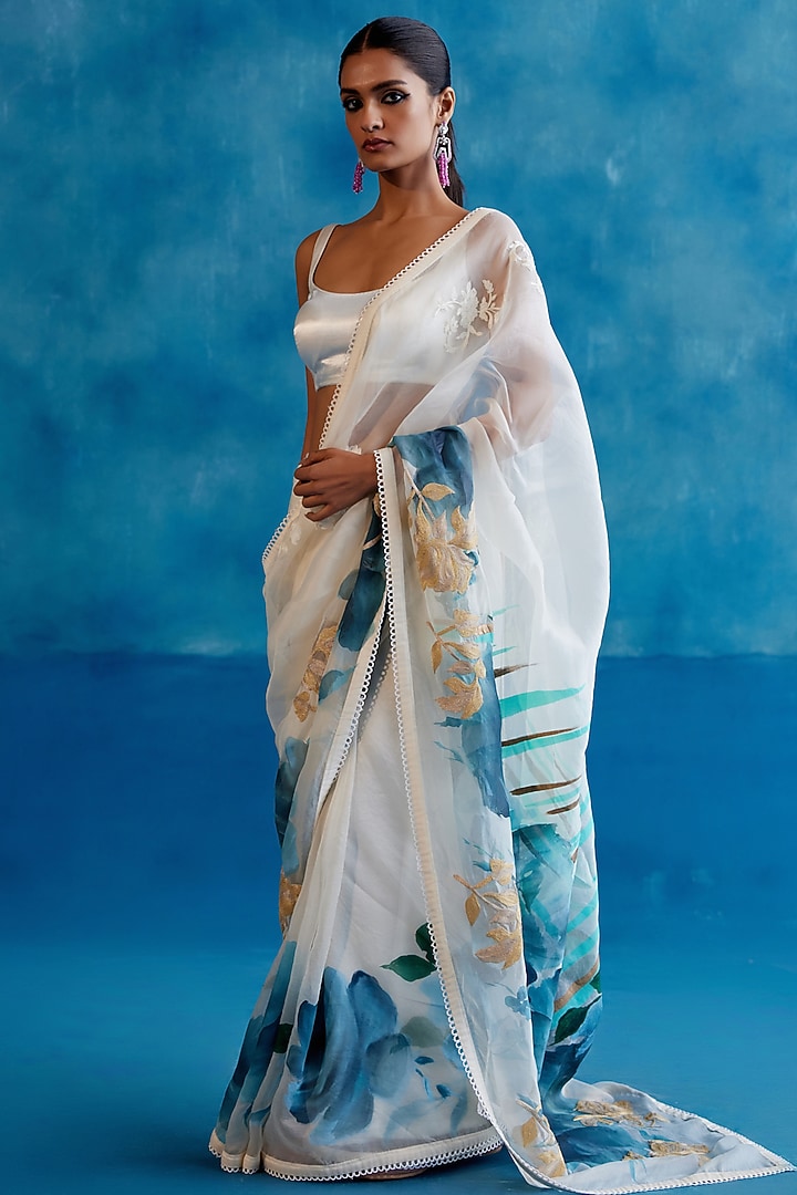 Ivory & Blue Silk Organza Floral Hand-Painted Wedding Saree Set by Devnaagri at Pernia's Pop Up Shop