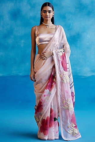 Blush Pink & Red Silk Organza Floral Hand-Painted Saree Set by Devnaagri