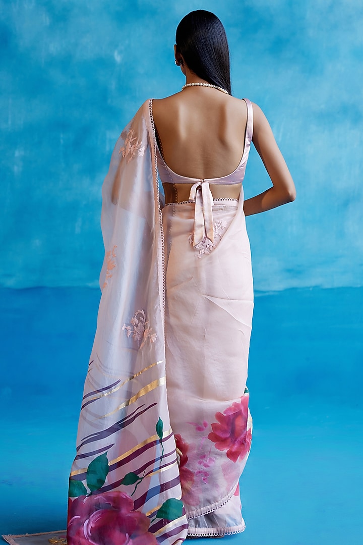 Blush Pink & Red Silk Organza Floral Hand-Painted Wedding Saree Set by Devnaagri at Pernia's Pop Up Shop