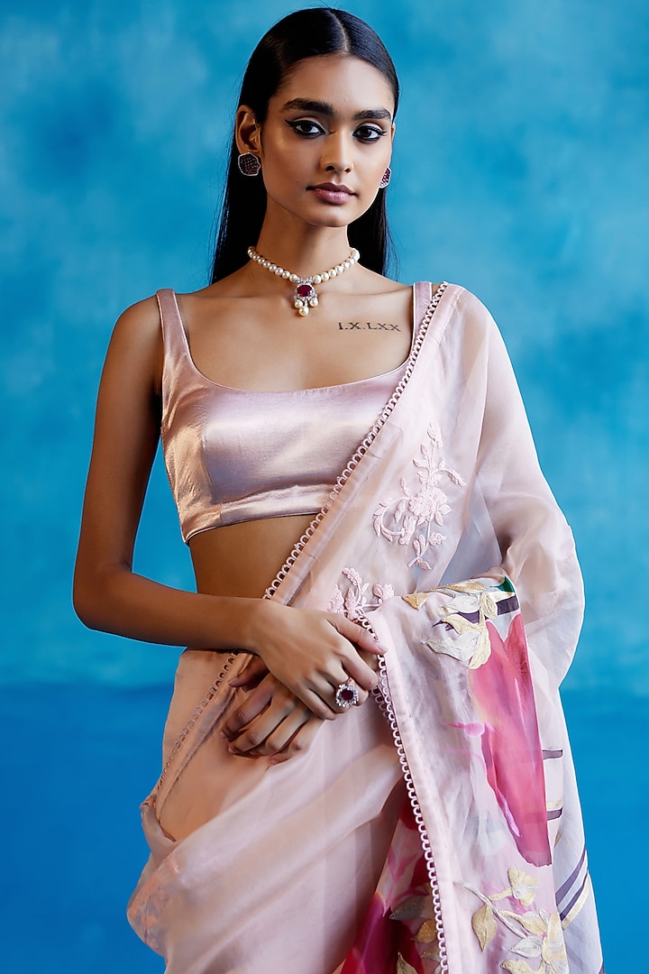 Blush Pink & Red Silk Organza Floral Hand-Painted Wedding Saree Set by Devnaagri at Pernia's Pop Up Shop