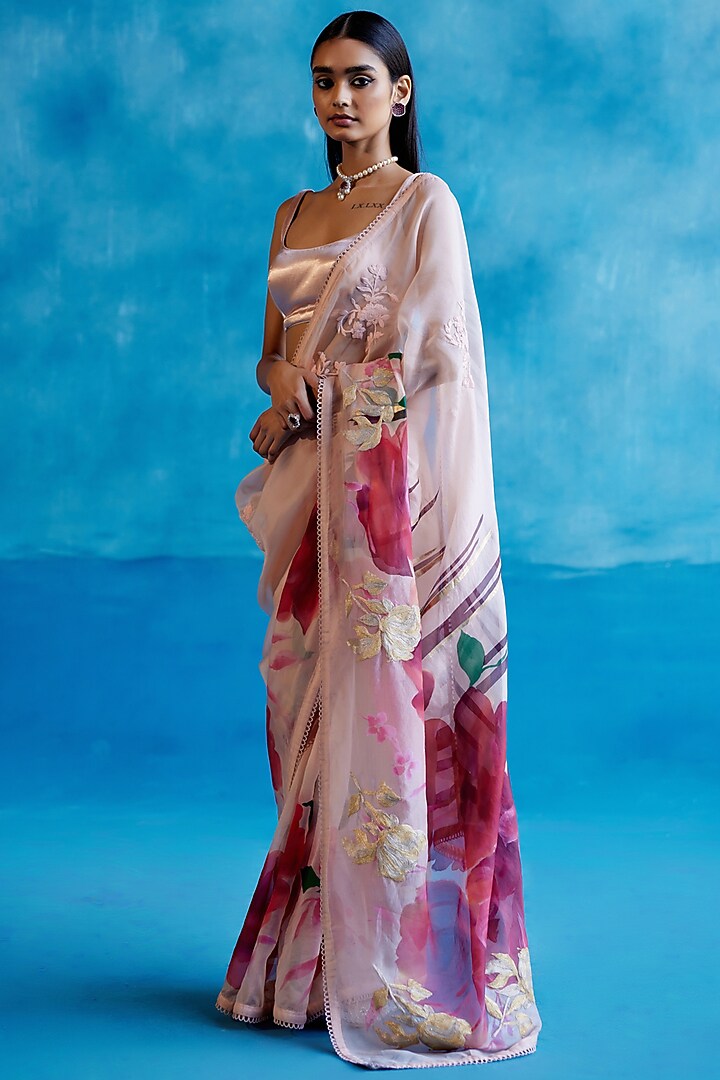 Blush Pink & Red Silk Organza Floral Hand-Painted Wedding Saree Set by Devnaagri at Pernia's Pop Up Shop