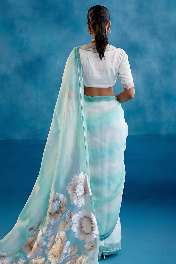 Aqua Blue Silk Organza Floral Hand-Painted Wedding Saree Set by Devnaagri at Pernia's Pop Up Shop