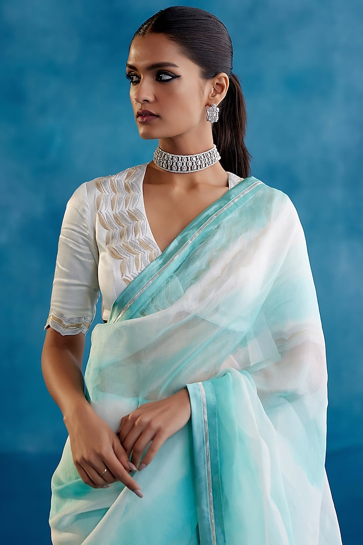 Aqua Blue Silk Organza Floral Hand-Painted Wedding Saree Set by Devnaagri at Pernia's Pop Up Shop