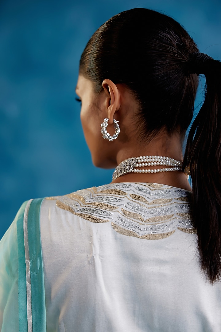 Aqua Blue Silk Organza Floral Hand-Painted Wedding Saree Set by Devnaagri at Pernia's Pop Up Shop