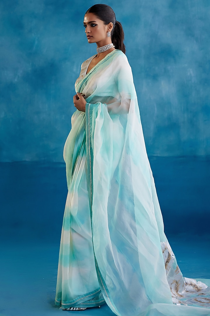 Aqua Blue Silk Organza Floral Hand-Painted Wedding Saree Set by Devnaagri at Pernia's Pop Up Shop