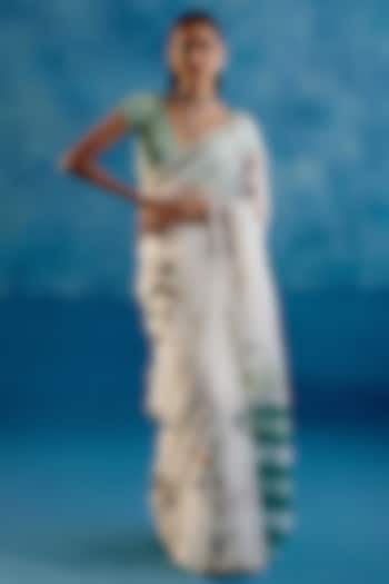 Sage Green Silk Organza Thread Embroidered & Floral Hand-Painted Saree Set by Devnaagri