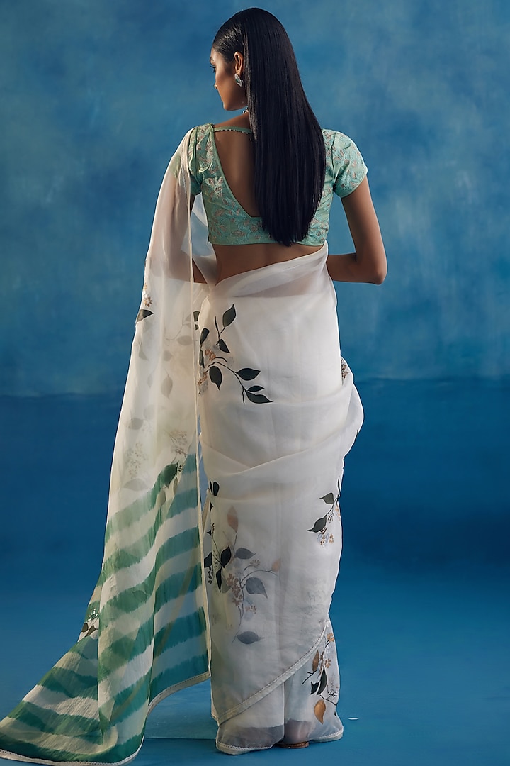 Sage Green Silk Organza Thread Embroidered & Floral Hand-Painted Wedding Saree Set by Devnaagri at Pernia's Pop Up Shop