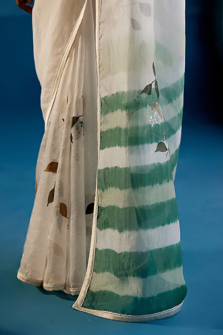 Sage Green Silk Organza Thread Embroidered & Floral Hand-Painted Wedding Saree Set by Devnaagri at Pernia's Pop Up Shop
