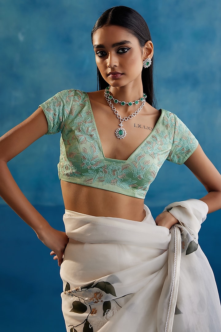 Sage Green Silk Organza Thread Embroidered & Floral Hand-Painted Wedding Saree Set by Devnaagri at Pernia's Pop Up Shop