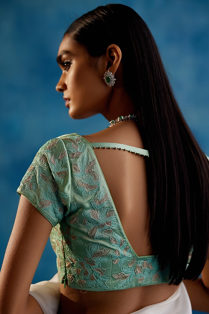 Sage Green Silk Organza Thread Embroidered & Floral Hand-Painted Wedding Saree Set by Devnaagri at Pernia's Pop Up Shop