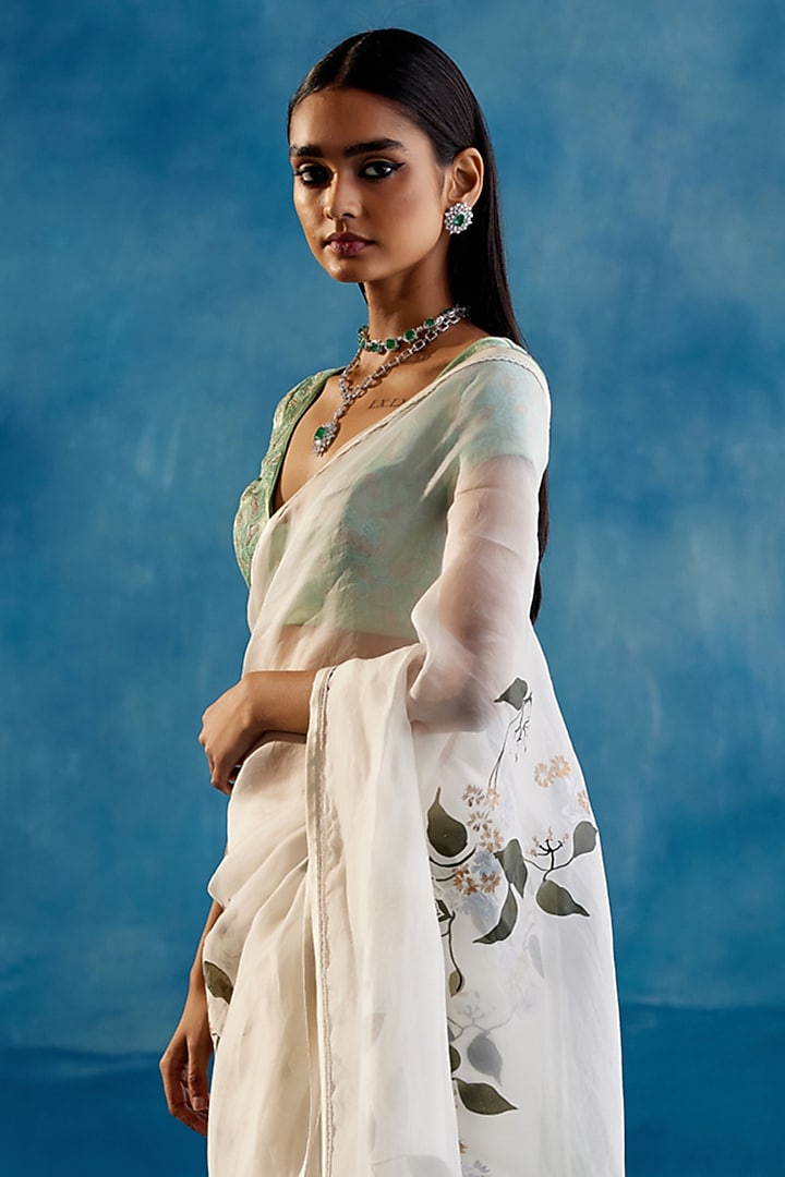 Sage Green Silk Organza Thread Embroidered & Floral Hand-Painted Wedding Saree Set by Devnaagri at Pernia's Pop Up Shop