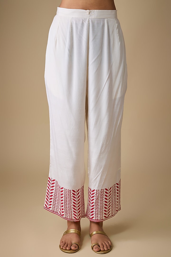 Ivory Silk Chanderi Block Printed & Embroidered Kurta Set by Devnaagri at Pernia's Pop Up Shop