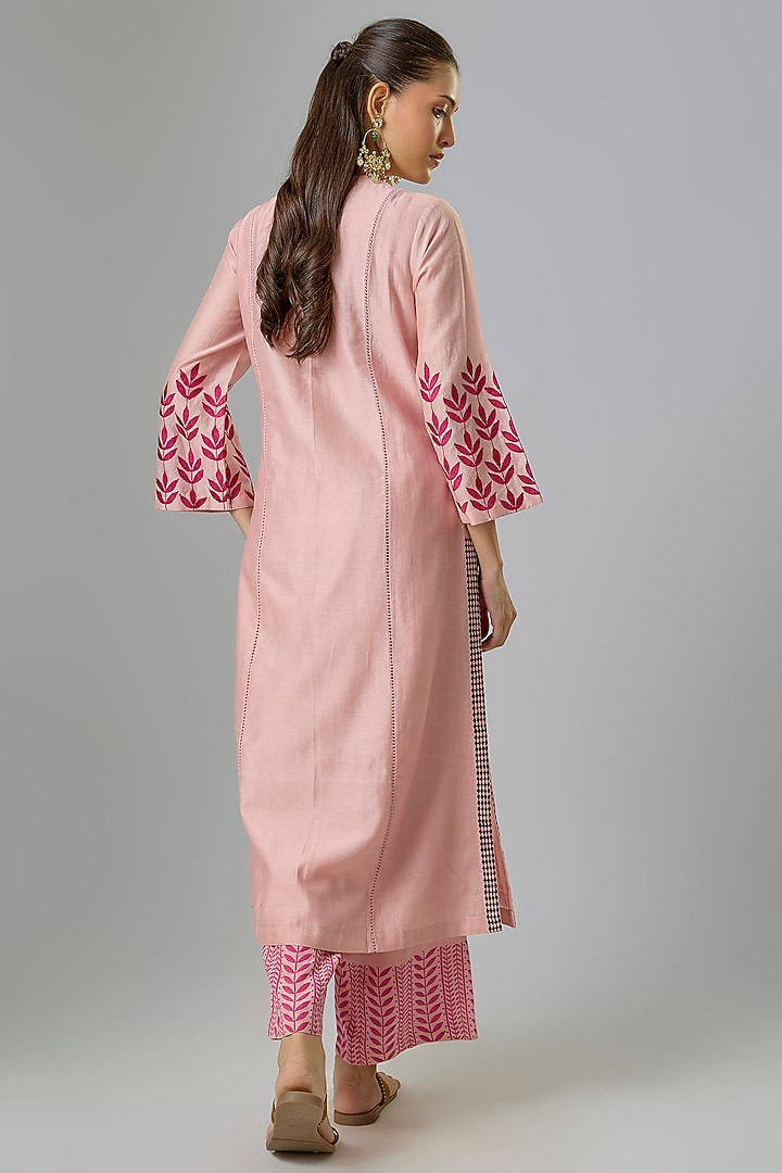 Blush Pink Silk Chanderi Block Printed & Embroidered Kurta Set by Devnaagri at Pernia's Pop Up Shop
