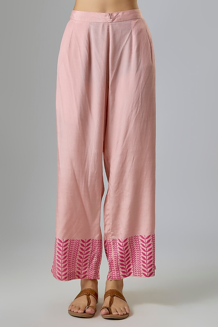 Blush Pink Silk Chanderi Block Printed & Embroidered Kurta Set by Devnaagri at Pernia's Pop Up Shop